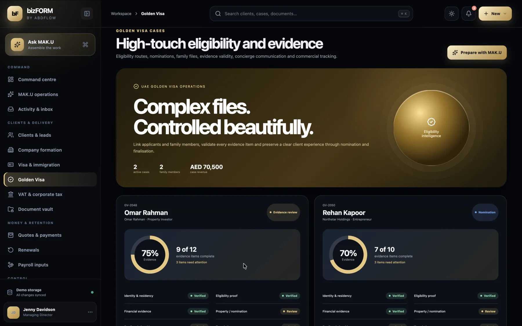 bizFORM Golden Visa eligibility dashboard